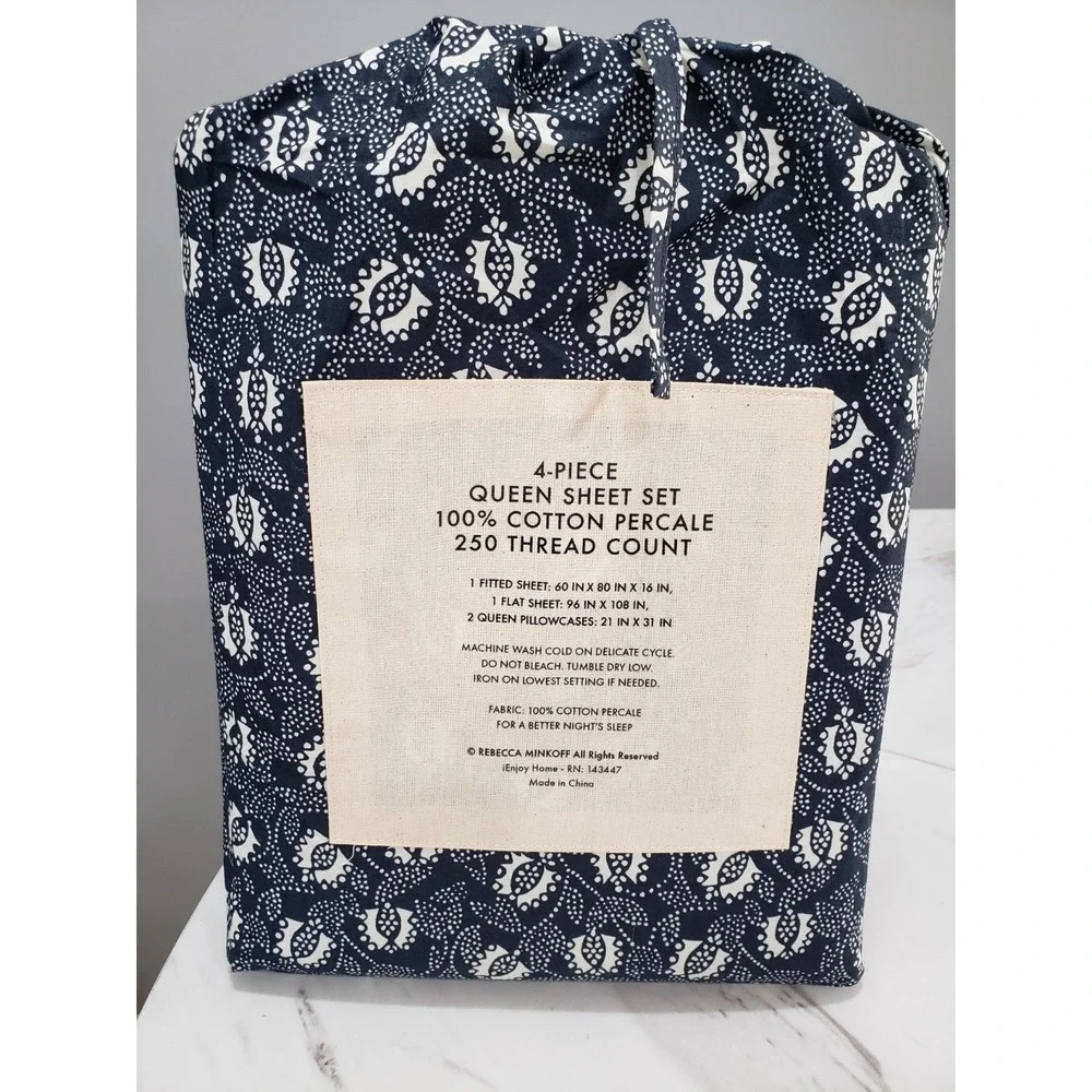 QUEEN REBECCA MINKOFF NAVY BANDANA Sheet Set Cotton Percale navy white western